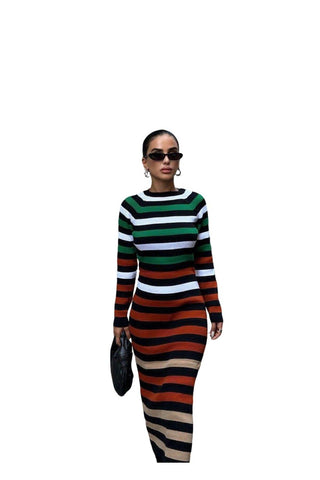 Kadın uzun kollu Colorful Striped Knit  Elbise